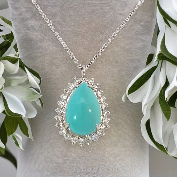 Persian Turquoise Diamond Pendant With Chain 17" 14k WG 9.9 TCW Certified 307918 - Picture 10 of 17